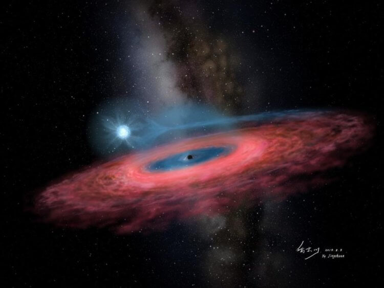 Обнаружение «невозможной» черной дыры оказалось ошибкой. Художественное изображение гигантской черной дыры в бинарной системе LB1, которая аккрециирует газ звезды-компаньона. Фото.