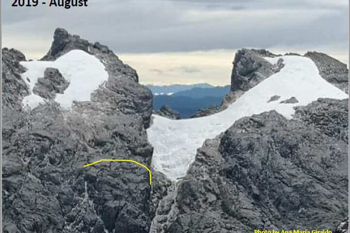 Когда исчезнут тропические ледники? Да данном фото желтым цветом обозначено место, где еще в 2010 году был лед. Фото.