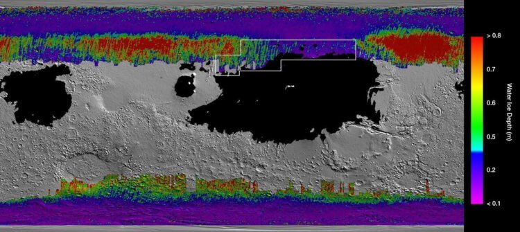 Много ли воды на Марсе? Карта водяного льда на Марсе. Фото.