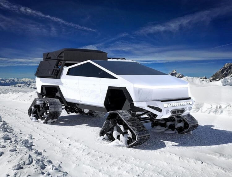 Пикап Tesla для езды по снегу. Пикап Tesla с гусеничными колесами. Фото.