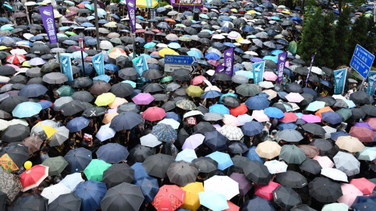 Наука неотделима от политики: почему мирные протесты эффективнее насильственных? Мирные протестующие в Гонконге во время дождя. Фото.