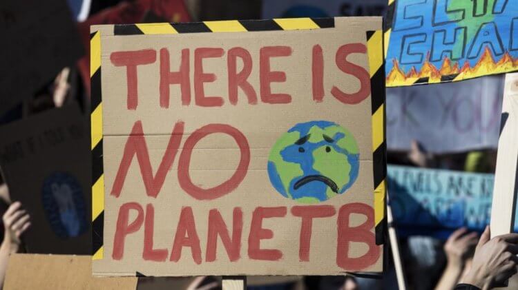 Что нас ждет? Надпись на плакате: у нас нет запасной планеты. Фото.