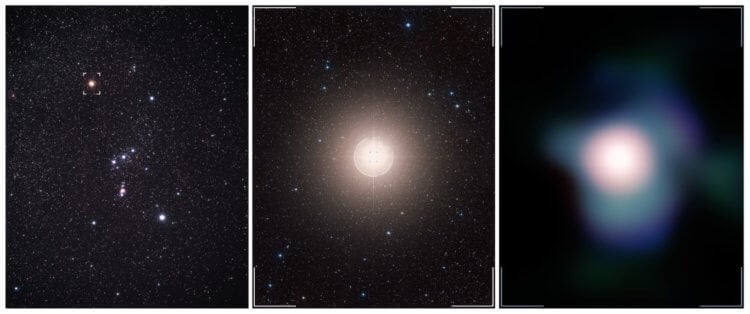 Небесное шоу невиданных масштабов. Перед вами приближенное изображение созвездия Ориона (слева) а также одно из самых четких изображений Бетельгейзе из всех когда-либо полученных (крайняя справа). Фото.
