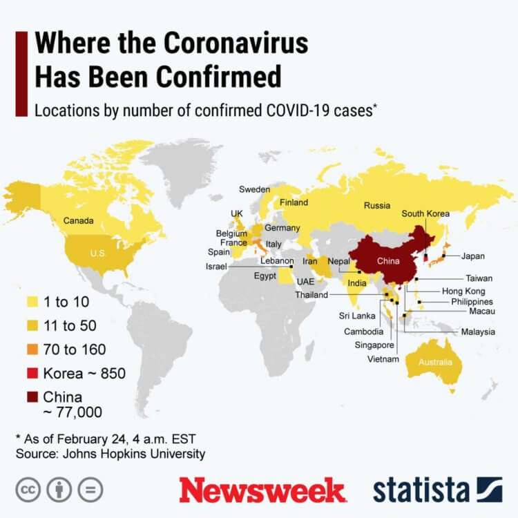 Как подготовиться к возможной пандемии? Карта издания Newsweek, на которой показаны страны с подтвержденными случаями COVID-19. Информация актуальна на 24 февраля 2020 года. Фото.