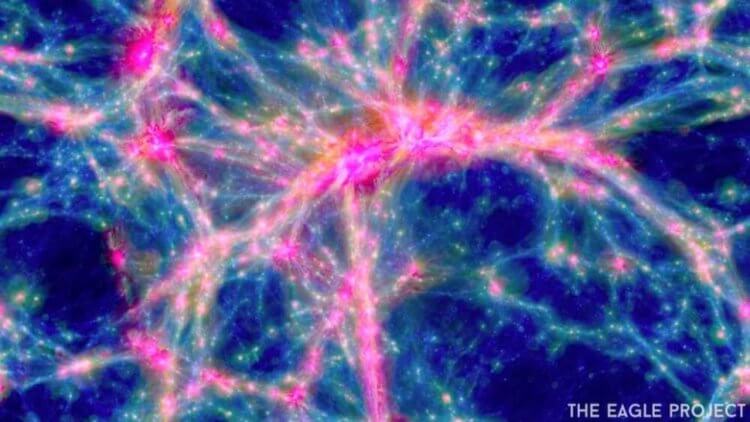 Что такое космическая паутина? Космическая сеть соединяет воедино материал темной материи и ее “нормальной” версии, испускающей электромагнитный свет. Фото.