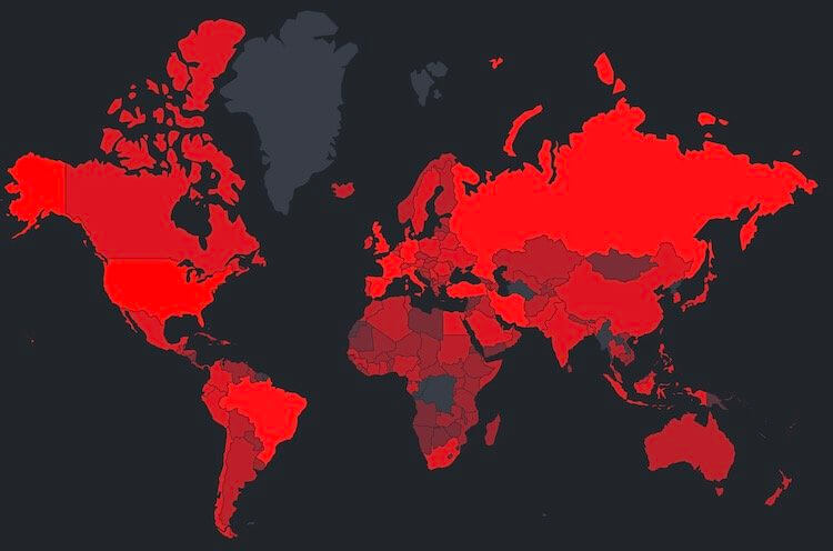 Сколько человек умерло от коронавируса. Так выглядит карта распространения коронавируса на 15 мая 2020 года. Чем краснее цвет, тем больше заболевших. Фото.