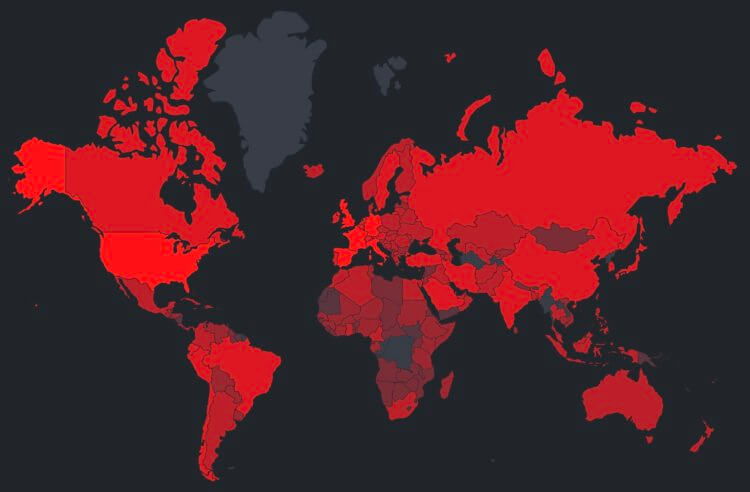 Коронавирус: всё, что нам известно на данный момент. Карта распространения вируса на данный момент. Чем краснее, тем больше заболевших. Фото.