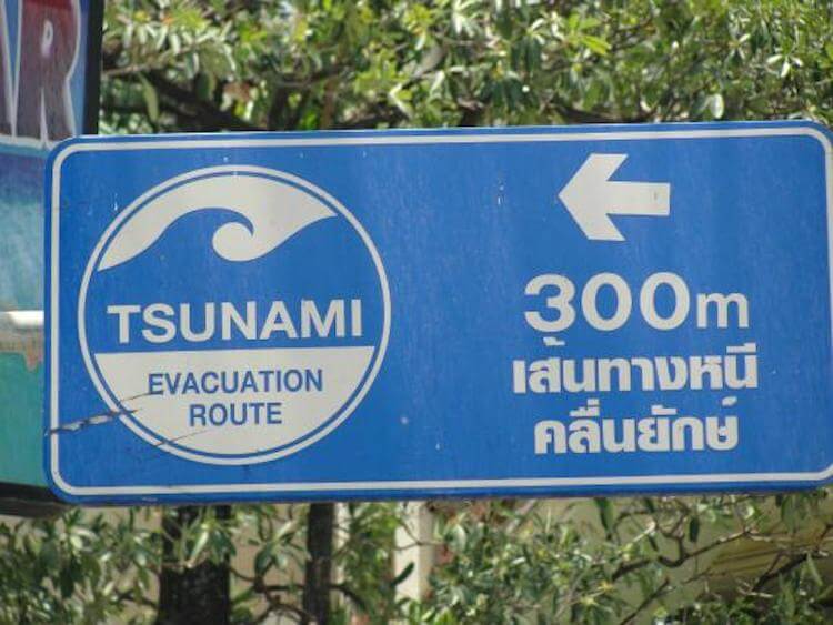 Как понять, что скоро будет цунами. Такие знаки можно встретить там, где есть угроза цунами. Конкретно этот установлен в Патонге, Таиланд. Фото.