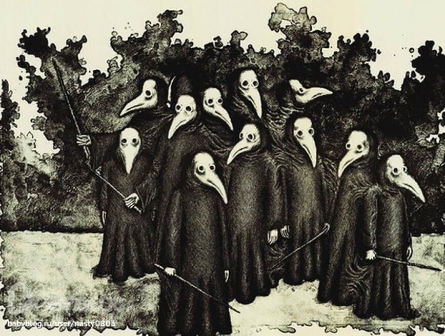 Бубонная чума. “Чумные” доктора во время эпидемии носили маски с длинными носами, в которые помещался пропитанный уксусом тампон. Фото.