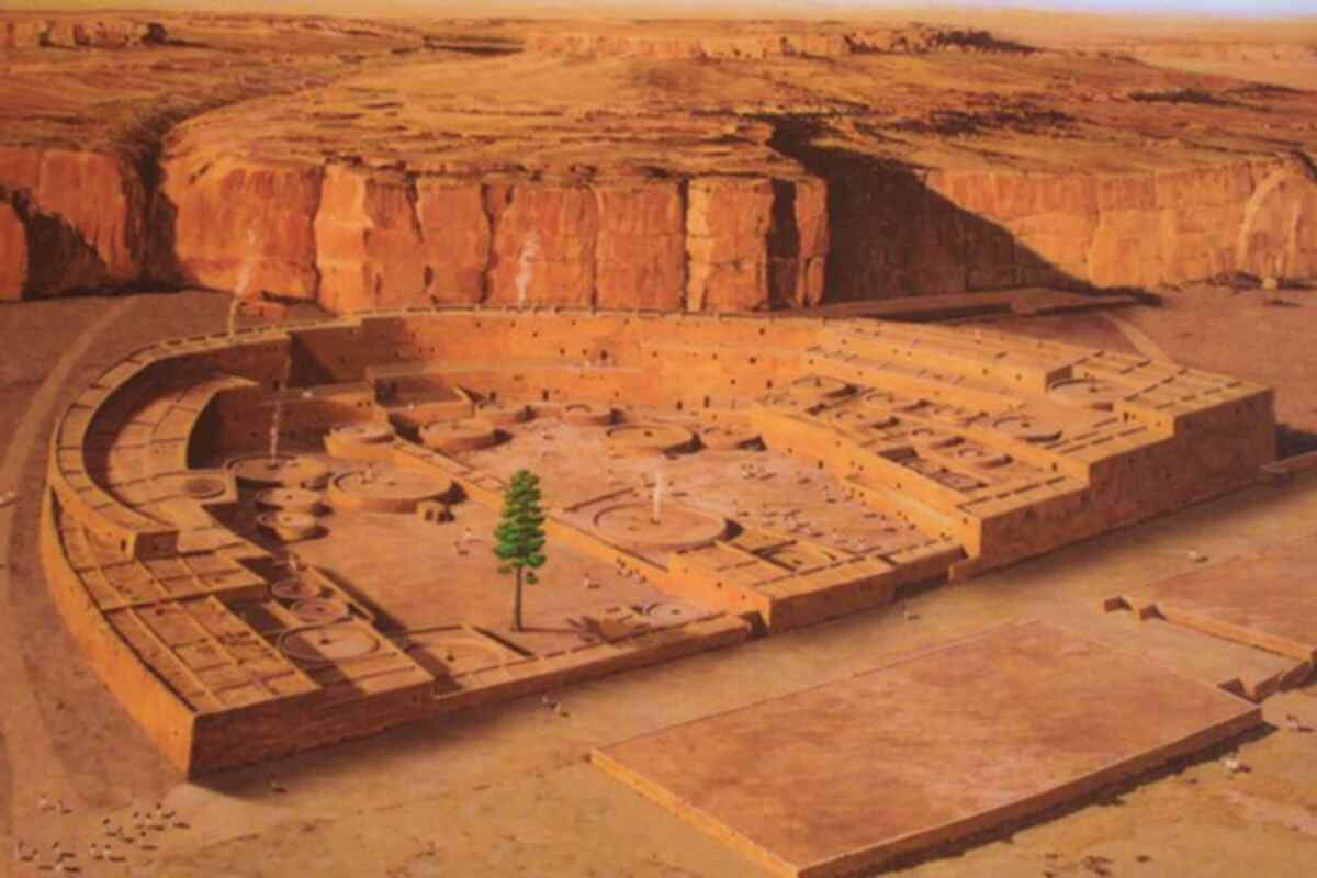 Воссозданное на компьютере изображение Пуэбло-Бонито с огромной сосной на главной площади. Фото.