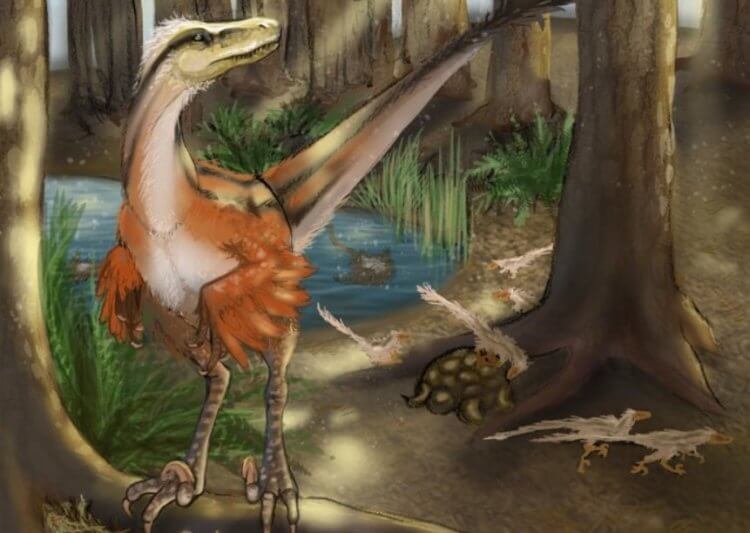 Открыт новый вид динозавров. Динозавр Dineobellator notohesperus в представлении художника. Фото.