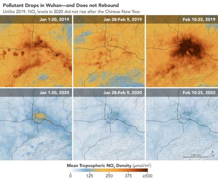 Не только коронавирус. Карты НАСА сравнивают уровни загрязнения между первыми тремя неделями года и 10-25 февраля. Фото.