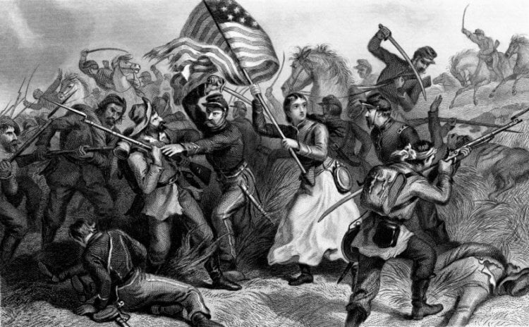 Кодекс флага США. Иллюстрация 1887 года «Женщина в бою: Мичиган, Бриджит, несущая флаг». Фото.