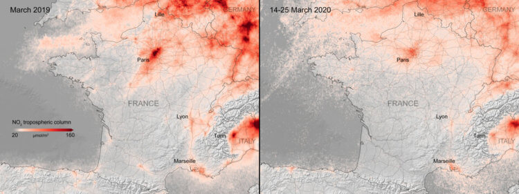 Меняет ли CoVID-19 планету? Красным цветом на снимке выделен уровень загрязнения воздуха во Франции с 1 по 25 марта 2020 года. Фото.