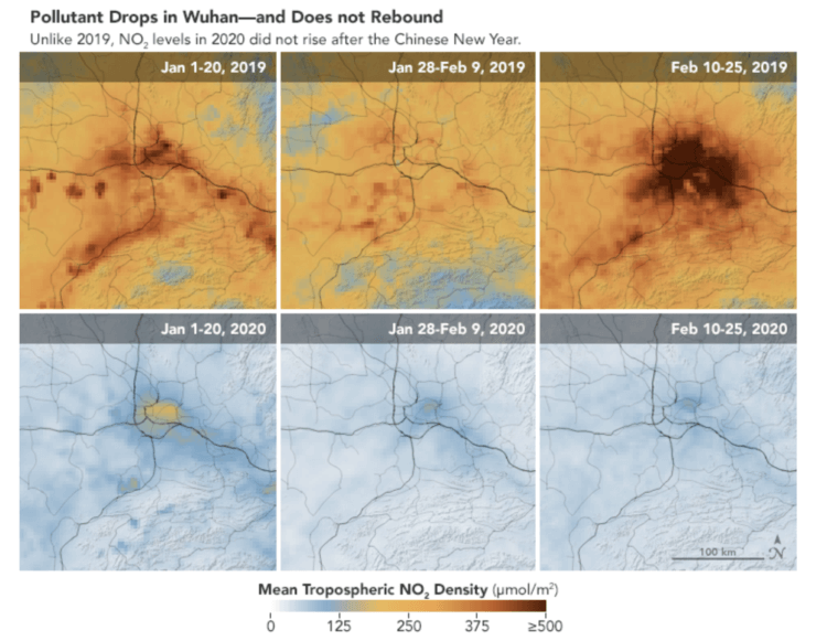 Меняет ли CoVID-19 планету? На изображении показаны изменения в уровне загрязнения воздуха над Китаем с января по февраль. Фото.