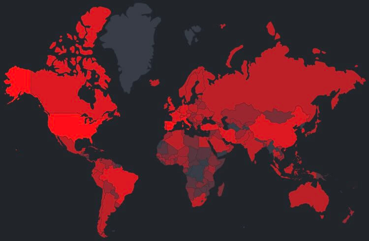 Почему в некоторых странах от коронавируса умирает меньше людей. Ситуация в мире сейчас выглядит так. Чем краснее, тем больше заболевших. Фото.