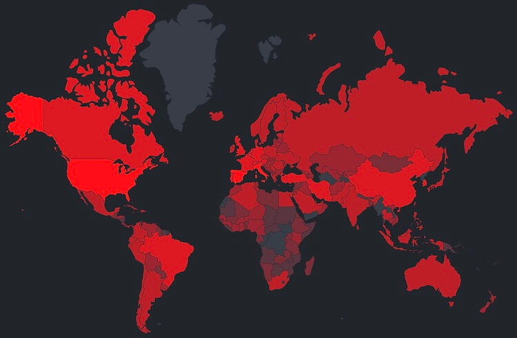 Ситуация в мире сейчас выглядит так. Чем краснее, тем больше заболевших. Фото.