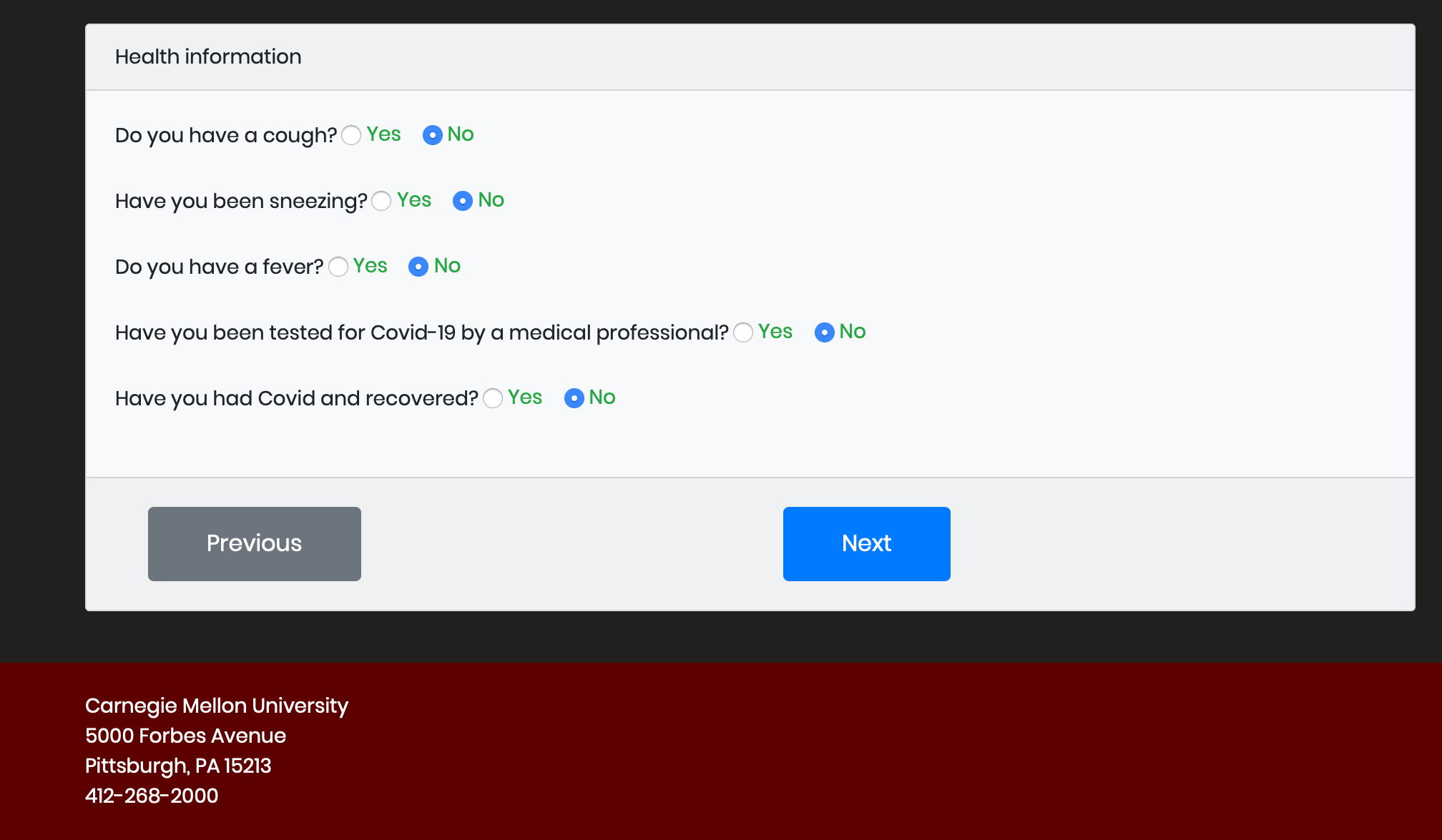 По порядку: наличие кашля, чихания, высокой температуры (лихорадки), был ли медицинский тест на коронавирус ранее, был ли диагностирован COVID-19. Фото.