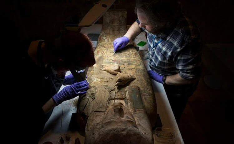 Загадочная мумия Египта. На фото: сотрудники музея чистят поверхность саркофага перед извлечением мумии. Фото.