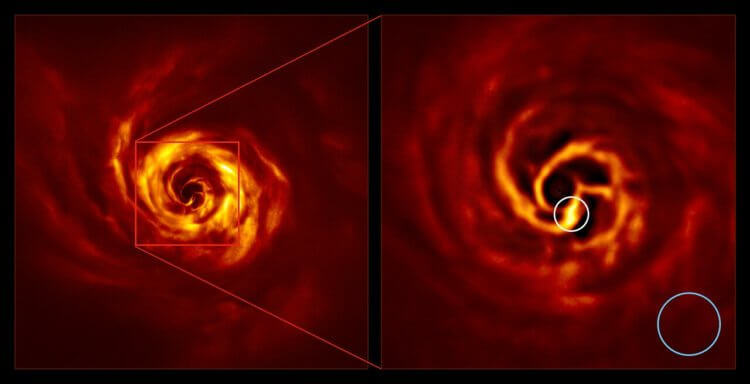 Астрономы впервые увидели рождение планеты рядом с молодой звездой. Диск газа и пыли (изображение сделано в инфракрасном свете) вокруг молодой звезды AB Aurigae (слева). Яркий узел (справа, обведенный белым) – по мнению астрономов место формирования планеты. Фото.