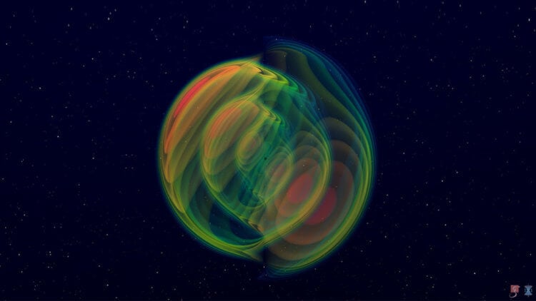 Слияние черных дыр. Черная дыра, вращающаяся по орбите с гораздо меньшим партнером, породила гравитационные волны. Фото.