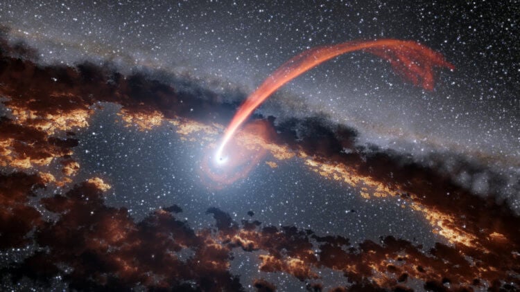 Астрономы открыли новый тип взрывов в космосе. На иллюстрации показан поток материала от звезды, когда ее поглощает сверхмассивная черная дыра. Фото.