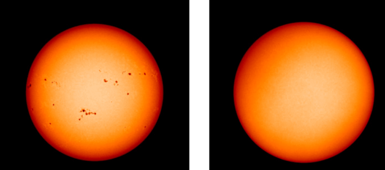 Что такое Солнечный минимум и почему не надо его бояться? На изображении слева видны солнечные пятна, но на изображении справа их нет. Причина исчезновения солнечных пятен – солнечный минимум. Фото.
