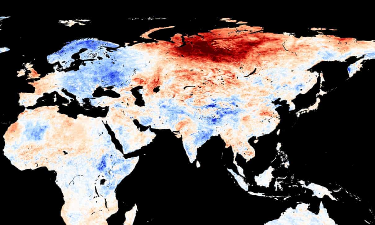 Климатологи обеспокоены аномальной жарой в Сибири. Карта, показывающая места, где в мае температура была теплее (красный цвет) или прохладнее (синий цвет), чем в среднем за длительный период времени. Фотография: Modis/NEO/Nasa. Фото.