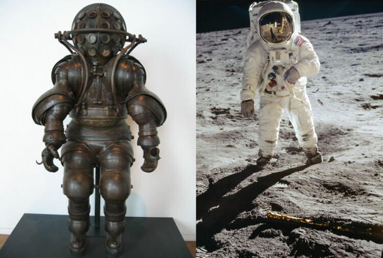 Космический скафандр SpaceX. Слева — водолазный костюм XVII века, а слева — скафандр Нила Армстронга. Выглядит громоздко, не так ли? Фото.