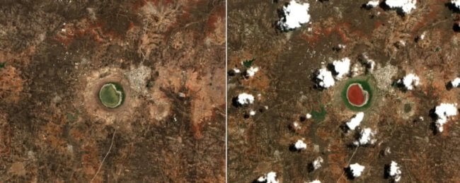Почему метеоритное озеро в Индии резко поменяло свой цвет? Фото.