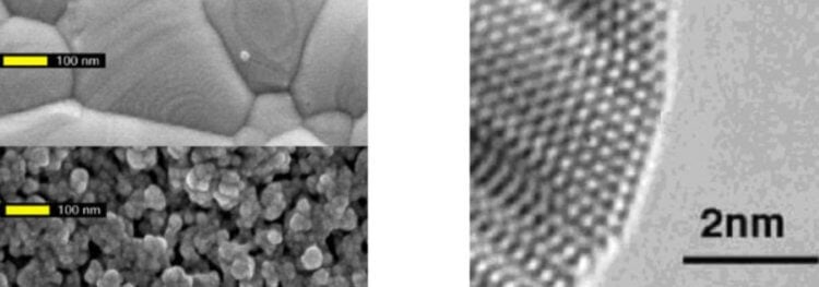 Наночастицы серебра. Изображение поверхности серебра обычных размеров (слева сверху) и наночастиц серебра (слева снизу). Справа показана увеличенная поверхность наночастицы серебра. Фото.