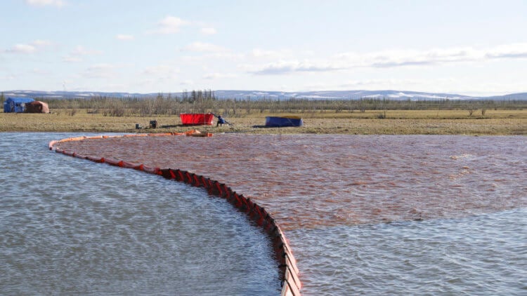 Нефть в реке Пясина. Ликвидаторы пытаются остановить распространение нефти по реке Пясина, однако течение слишком быстрое. Фото.