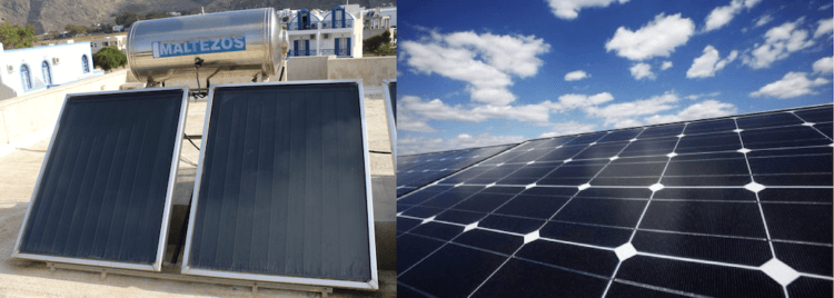 Как работают солнечные батареи? Солнечный коллектор — слева и солнечная батарея — справа. Фото.