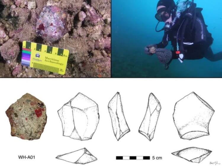 Археологические находки под водой. Режущий инструмент, найденный на глубине 14 метров. Фото.