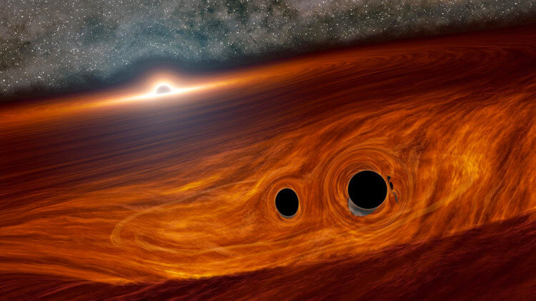 Астрономы впервые увидели свет от столкновения двух черных дыр. Столкновение двух сверхмассивных черных дыр может выглядеть так. Фото.