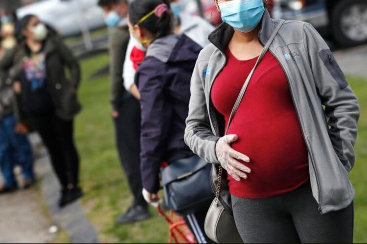 Почему женщины рожают меньше детей? Беременная женщина ждет в очереди за продуктами с сотнями других людей в связи со вспышкой коронавируса COVID-19, в церкви Святой Марии в Уолтеме, штат Массачусетс. Фото.
