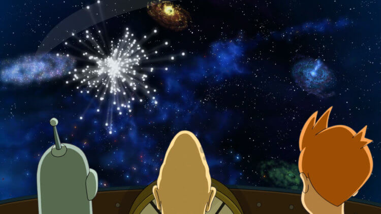 Странная Вселенная. Кадр из мультсериала Футурама: Фрай, Бендер и профессор наблюдает смерть Вселенной. Фото.