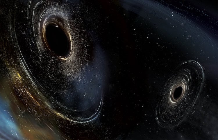 Откуда берутся гравитационные волны. Столкновение двух черных дыр вызывает образование гравитационных волн. Фото.