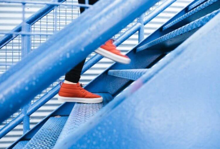 Опасность малоподвижного образа жизни. Чтобы выполнить дневную норму физической активности, можно отказаться от лифтов и подниматься по лестницам. Фото.