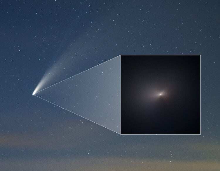 Как увидеть другую галактику? Пылевые и ионные хвосты кометы NEOWISE были легко видны с Земли, хотя сама комета была настолько маленькой, что даже космический телескоп Хаббл не смог ее увидеть. Фото.
