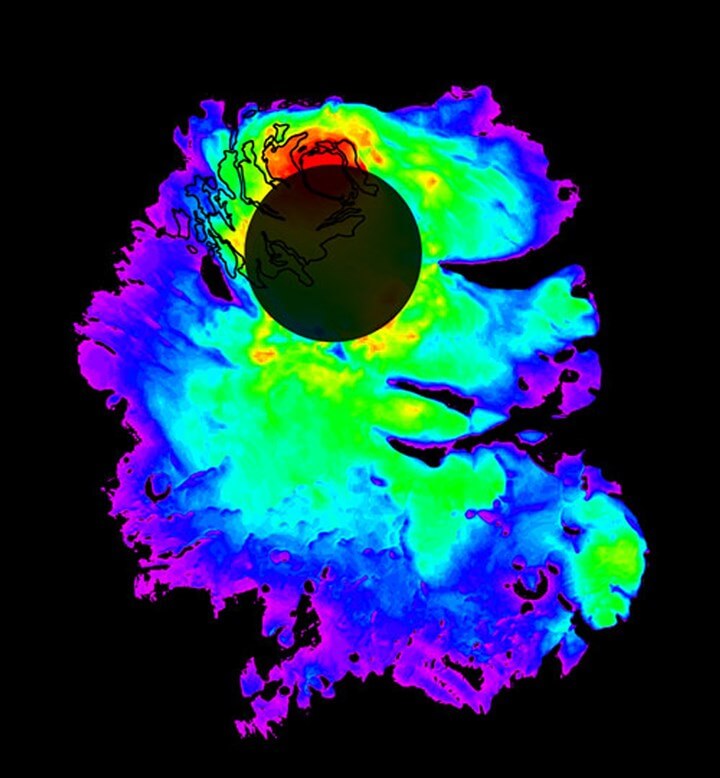 Горячие дебаты. Изображение: радарная карта Марса.Радиолокационная карта области вблизи южного полюса Марса, где, как считается, под поверхностью существует гиперсалинная вода, показана здесь в оттенках синего.Природа астрономия и Лауро и др. Фото.