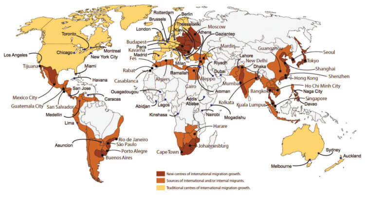 Дивный новый мир. Бардовым отмечены регионы, в которых наблюдается наибольший рост миграции; Красным отмечены регионы международной миграции населения; Желтым отмечены регионы традиционного роста мигрантов. Данные актуальны на 2015 год. Фото.