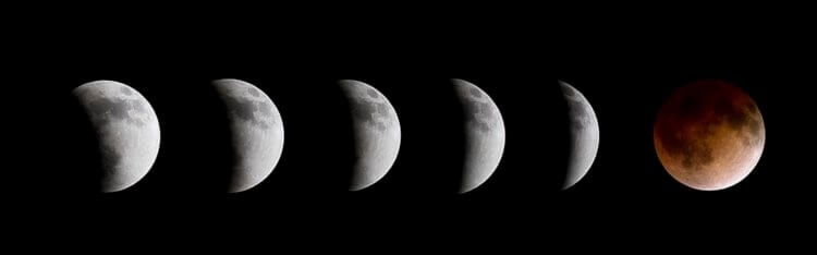 Спутник нашей планеты. Лунное затмение 15 апреля 2014 года. На снимке можно увидеть тень Земли, пересекающую поверхность Луны. Форма тени изогнута, потому что Земля сферическая. Фото.