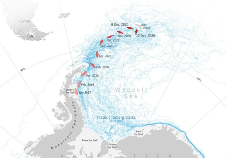 Как образуются айсберги? На карте показано, как айсберг двигался после отделения от Антарктиды. Фото.