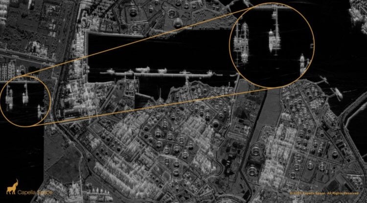 Возможности технологии Capella Space. Расположение кораблей на спутниковом снимке. Фото.
