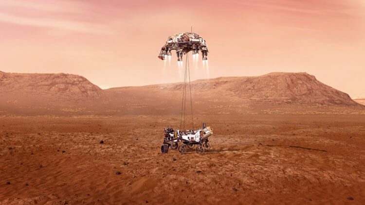 Через два месяца марсоход NASA «Настойчивость» приземлится на Красной планете. Иллюстрация того, как марсоход NASA «Настойчивость» благополучно приземлился на Марсе. Фото.