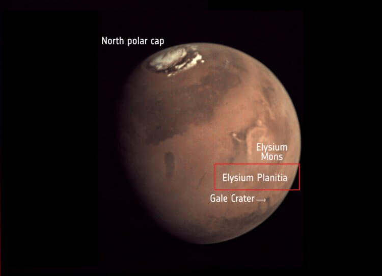 Землетрясения на Марсе. Красным прямоугольником отмечено нагорье Элизиум (Elysium Planitia). Фото.
