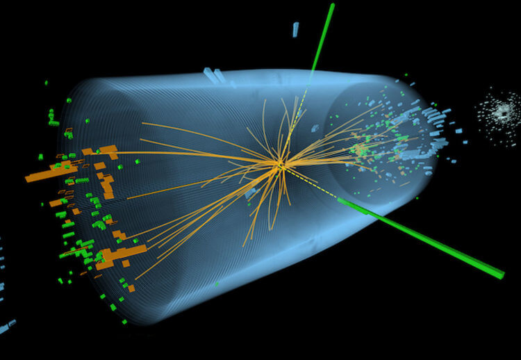 Три царства элементарных частиц. Бозон Хиггса – это событие, вытекающие из столкновений между протонами в Большом адронном коллайдере CERN. При столкновении в центре частица распадается на два фотона (пунктирные желтые и зеленые линии). Фото.