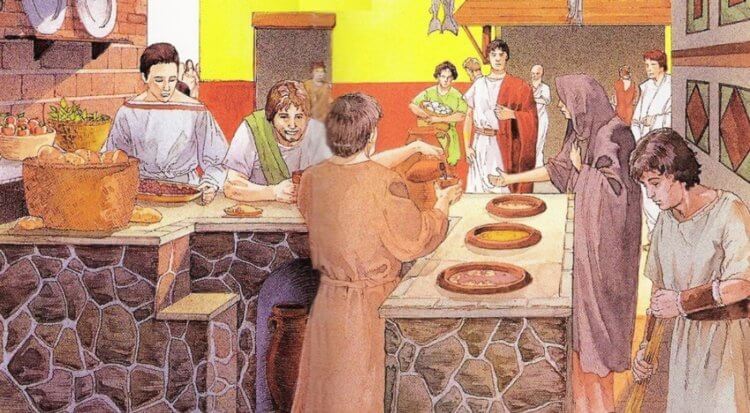 Первые фастфуды появились в Древнем Риме. Какими они были? Древнеримский фастфуд в представлении художника. Фото.