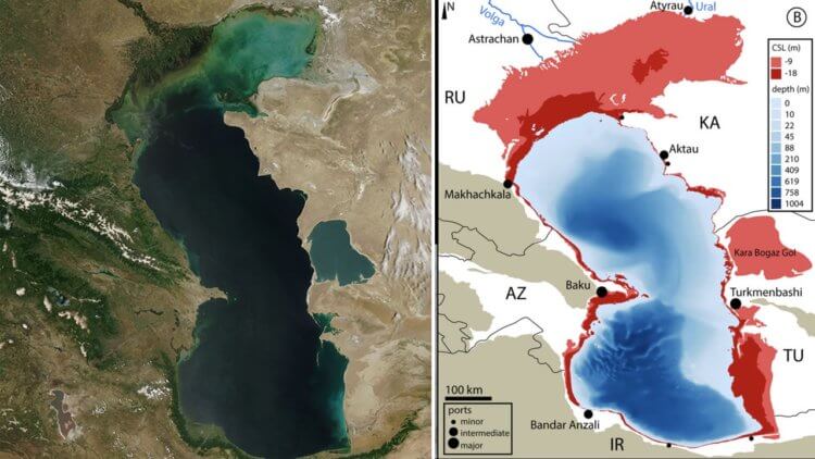 Что происходит с Каспийским морем? Наиболее пострадавшими районами являются районы на севере и востоке (в красном), где море имеет небольшую глубину. Фото.